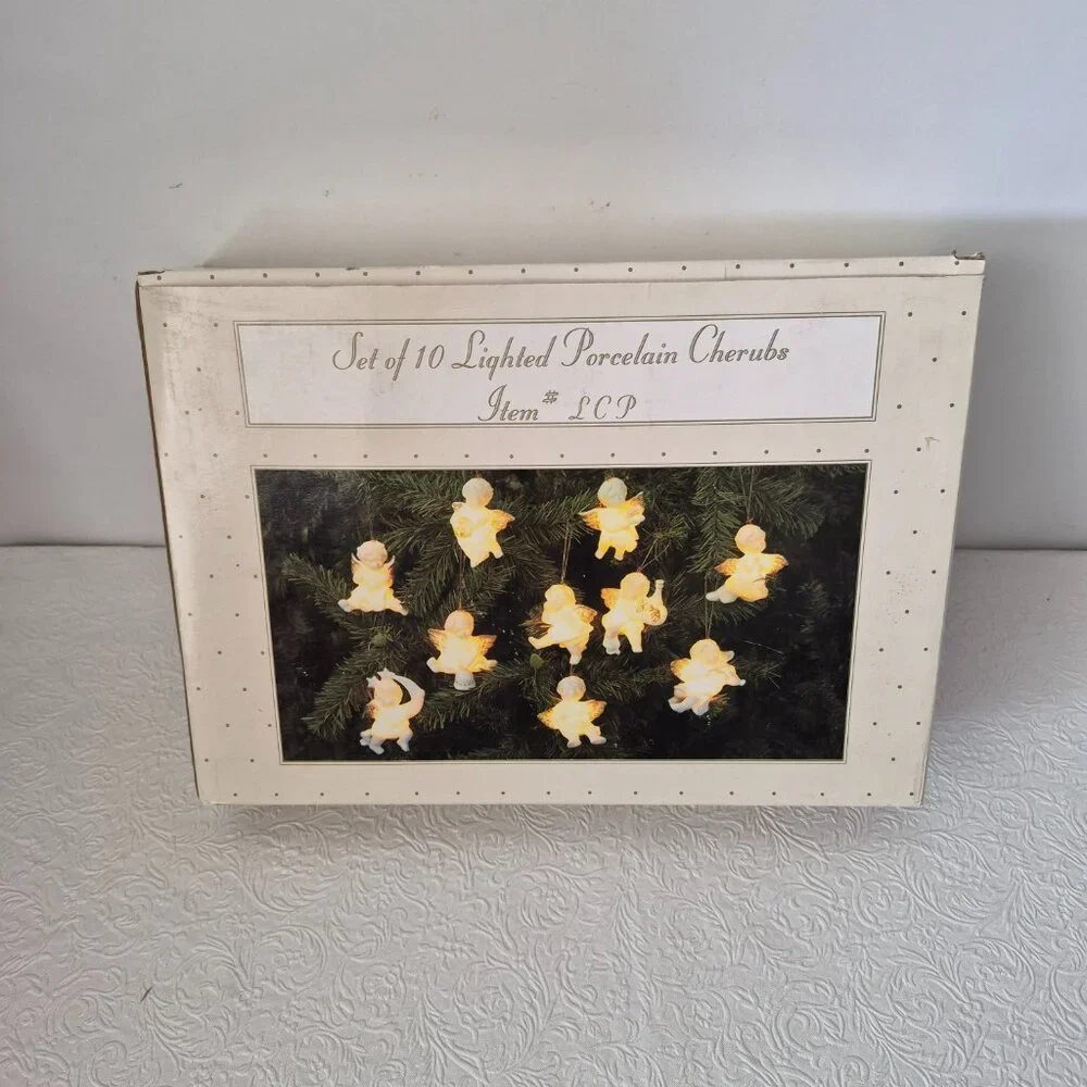 Vintage Lighted Porcelain Cherubs Strand Indoor Lights Set of 10 White Gold